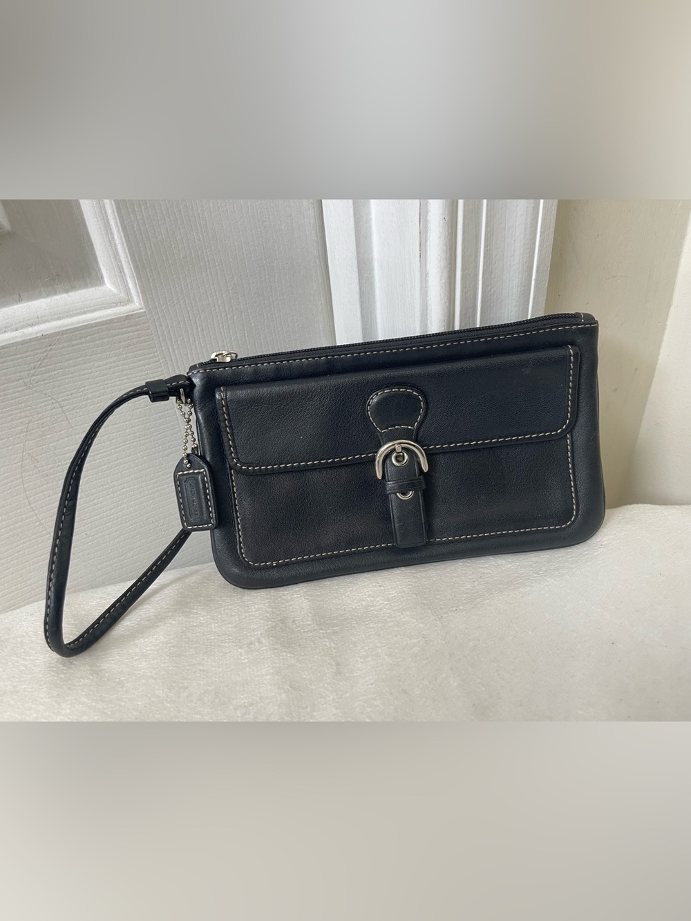 Coach Vintage Black Leather Wristlet with Front Buckle Pocket